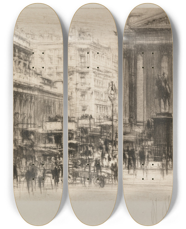 Triptych art skateboard deck of William Walcot London Set Bank With The Royal Exchange by William Walcot (1874-1943)