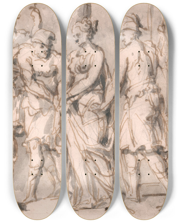 Triptych art skateboard deck of John Michael Rysbrack Sketch For The Continence Of Scipio by John Michael Rysbrack (1694-1770)