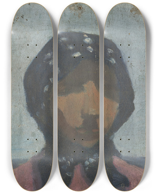 Triptych art skateboard deck of Frida Konstantin Study Of A Peasant In A Black Spotted Scarf by Frida Konstantin