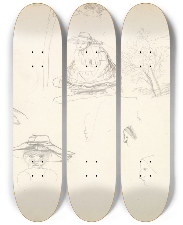 Triptych art skateboard deck of Frederic Leighton Sketches Of Figures by Frederic Leighton (1830-1896)