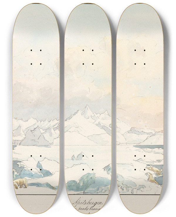 Triptych art skateboard deck of Charles Hamilton Smith Spitzbergen Main Peaks Bearing West by Charles Hamilton Smith (1776-1859)