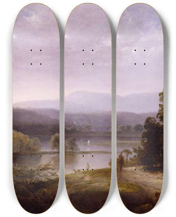 Triptych art skateboard deck of Thomas Doughty River View With Hunters And Dogs by Thomas Doughty (1793-1856)