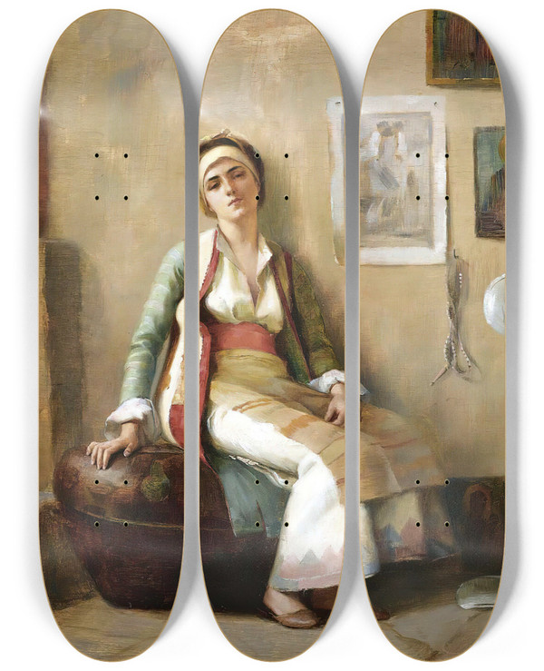 Triptych art skateboard deck of Theodoros Ralli A Moments Rest by Theodoros Ralli (1852-1909)