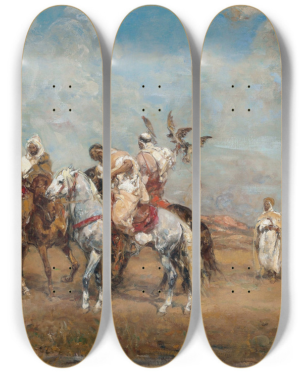 Triptych art skateboard deck of Henri Milien Rousseau La Chasse Au Faucon by Henri milien Rousseau (1875-1933)