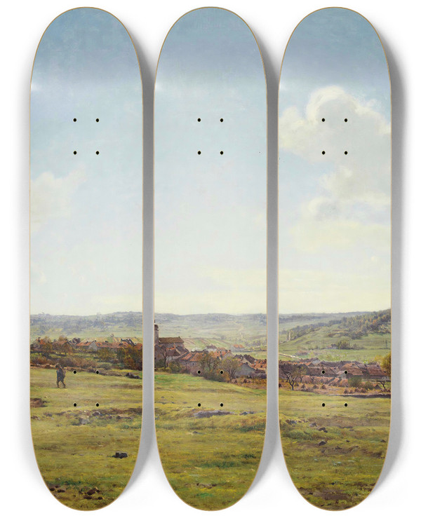 Triptych art skateboard deck of Jean Ferdinand Monchablon Paysage Prs De Fresnes by Jean Ferdinand Monchablon (1855-1904)