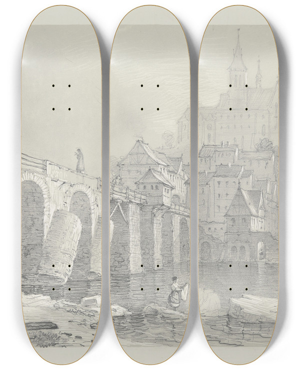 Triptych art skateboard deck of Carl Morgenstern Stdtchen Mit Schlo An Einem Flu Gelegen by Carl Morgenstern (1811-1893)