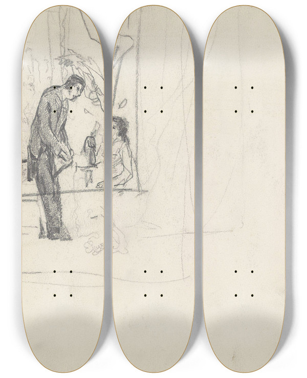 Triptych art skateboard deck of Christian Krohg Man And Woman In Interior by Christian Krohg (1852-1925)