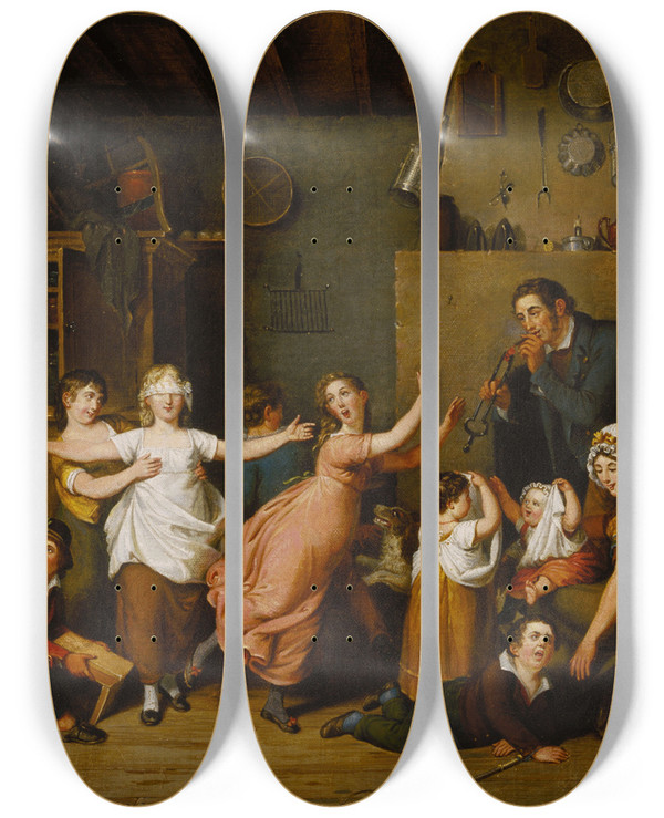 Triptych art skateboard deck of John Lewis Krimmel Blind Mans Buff by John Lewis Krimmel (1786-1821)