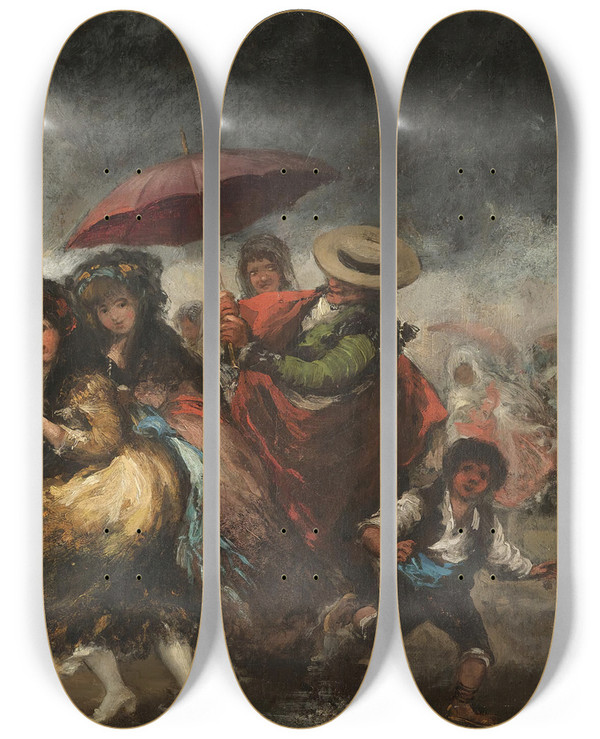 Triptych art skateboard deck of Eugenio Lucas Villamil Corrida Suspendida Por La Lluvia Bullfight Suspended By The Downpour by Eugenio Lucas Villamil (1858-1918)