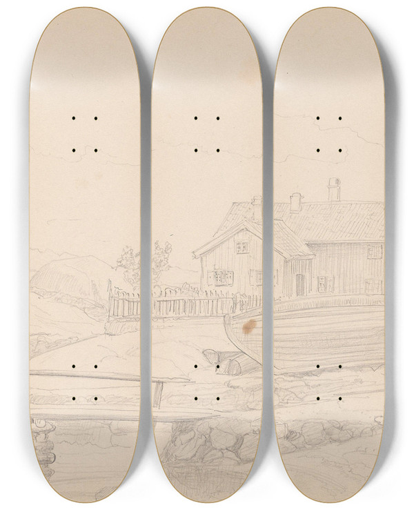 Triptych art skateboard deck of Adolph Tidemand Fra Nevlunghavn by Adolph Tidemand (1814-1876)
