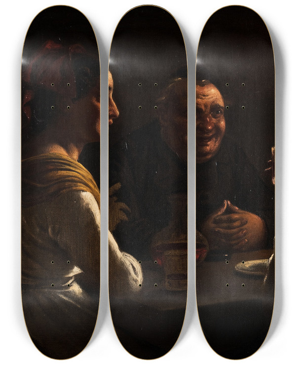 Triptych art skateboard deck of Wilhelm Marstrand Abbate Jesting With Two Young Girls by Wilhelm Marstrand (1810-1873)