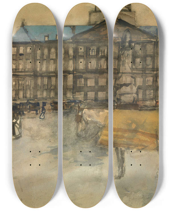 Triptych art skateboard deck of George Hendrik Breitner Town Hall In Amsterdam by George Hendrik Breitner (1857-1923)