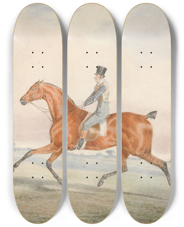 Triptych art skateboard deck of George Alken Exercising A Racehorse by George Alken