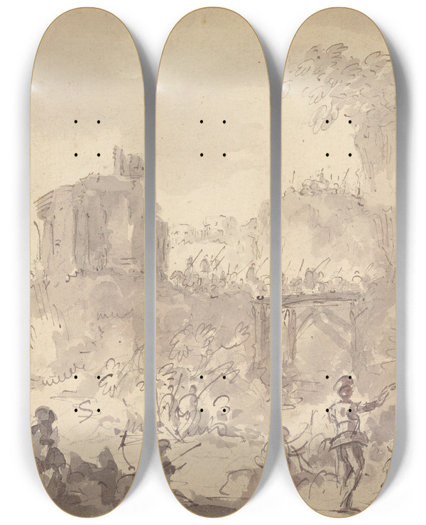 Triptych art skateboard deck of Sawrey Gilpin Soldiers In A Landscape by Sawrey Gilpin (1733-1807)