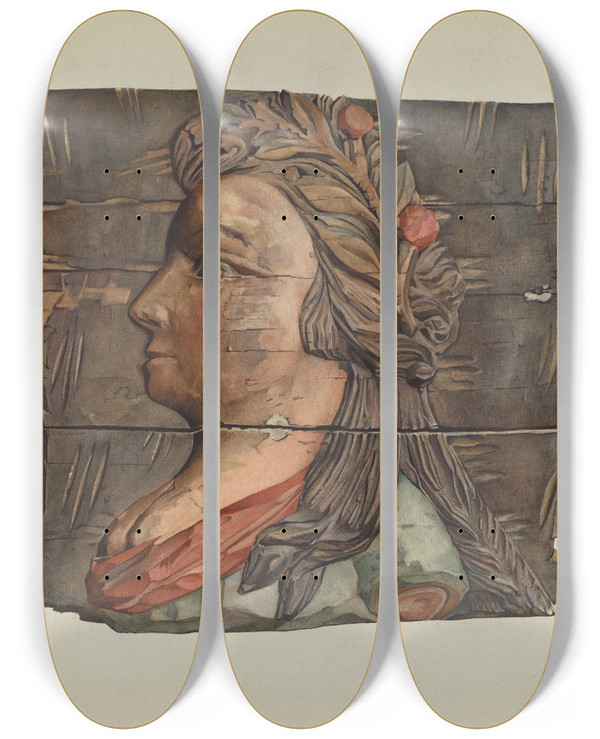 Triptych art skateboard deck of Victor F Muollo Woodcarving by Victor F Muollo