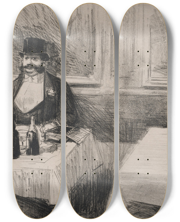 Triptych art skateboard deck of Jeanlouis Forain At The Restaurant by Jean Louis Forain (1852-1931)