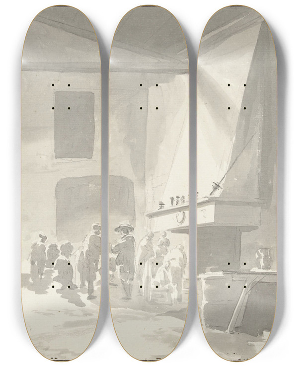 Triptych art skateboard deck of Abrahamlouisrodolphe Ducros Eetzaal Van De Herberg In Barletta by Abraham-Louis-Rodolphe Ducros (1748-1810)