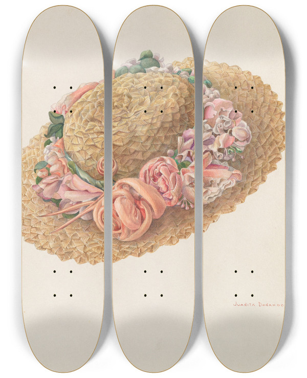 Triptych art skateboard deck of Juanita Donahoo Hat by Juanita Donahoo