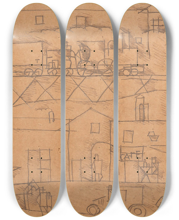 Triptych art skateboard deck of Joaqun Torresgarca La Gare by Joaqun Torres-Garca (1874-1949)