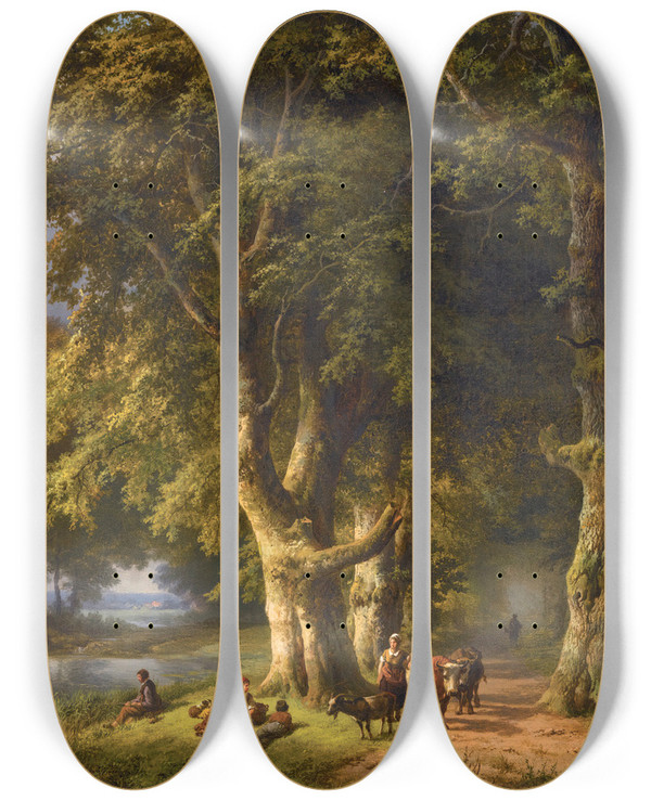 Triptych art skateboard deck of Barend Cornelis Koekkoek Summer Landscape by Barend Cornelis Koekkoek (1803-1862)