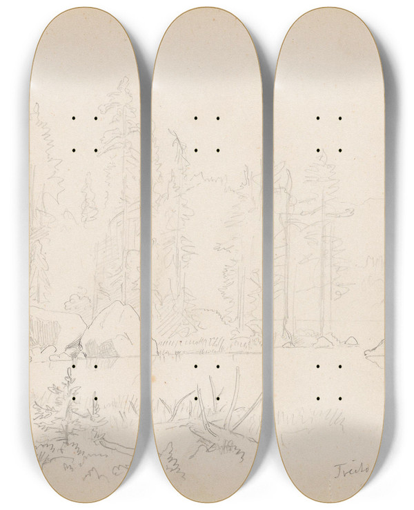 Triptych art skateboard deck of Hans Gude Vann Ved Tveito I Vinje by Hans Gude (1825-1903)