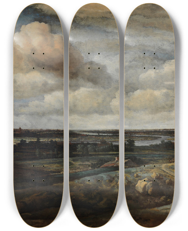 Triptych art skateboard deck of Philips Koninck Dutch Panorama Landscape With A Distant View Of Haarlem by Philips Koninck (1619-1688)