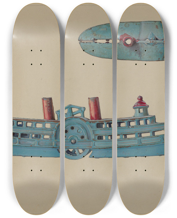 Triptych art skateboard deck of Alf Bruseth Steamboat Coin Bank by Alf Bruseth