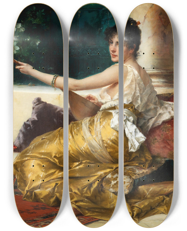 Triptych art skateboard deck of Conrad Kiesel The Mandolin Player by Conrad Kiesel (1846-1921)