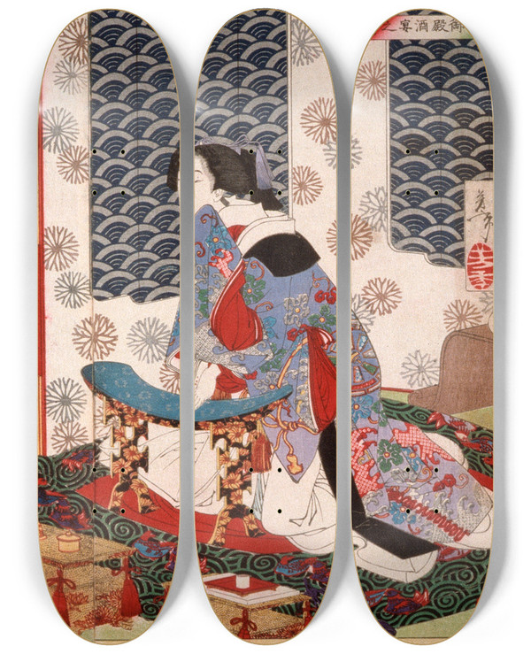 Triptych art skateboard deck of Tsukioka Yoshitoshi A Banquet At The Koshida Palace by Tsukioka Yoshitoshi (1839-1892)