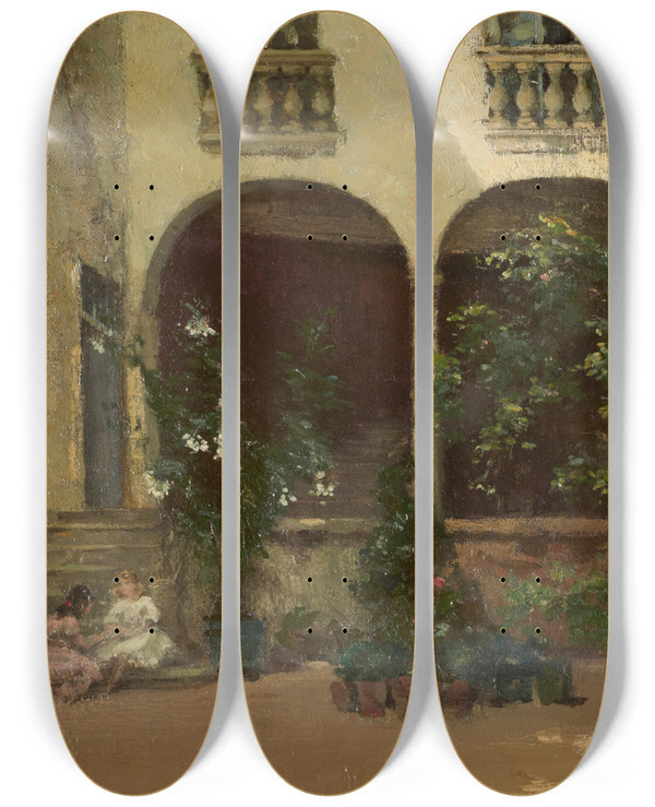 Triptych art skateboard deck of Alfred Withers The Court Of The Oleanders by Alfred Withers