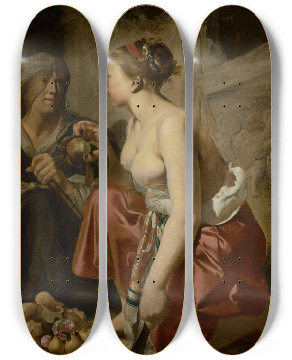 Triptych art skateboard deck of Caesar Van Everdingen Vertumnus And Pomona by Caesar Van Everdingen (1617-1678)