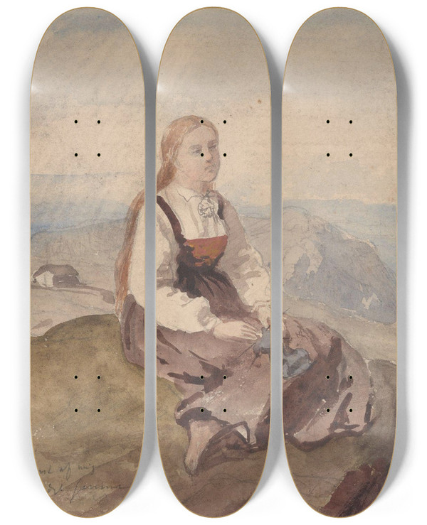 Triptych art skateboard deck of Hans Gude Girl In Mountain Landscape_2 by Hans Gude (1825-1903)