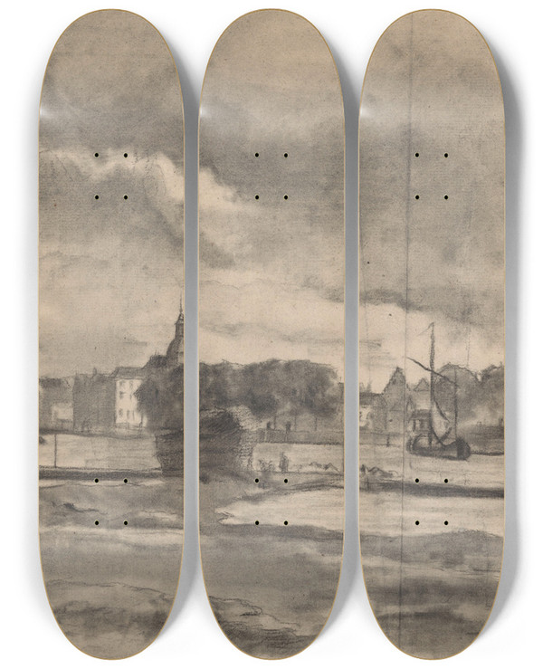 Triptych art skateboard deck of Jan Veth Stad Aan Een Rivier by Jan Veth (1864-1925)
