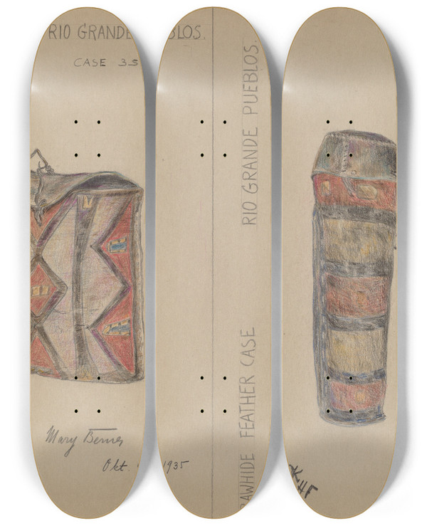 Triptych art skateboard deck of Mary Berner Medicine Bag And Feather Case by Mary Berner