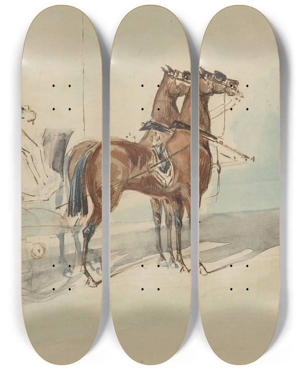 Triptych art skateboard deck of Constantin Guys Carriage With Driver And Groom Spring by Constantin Guys (1805-1892)