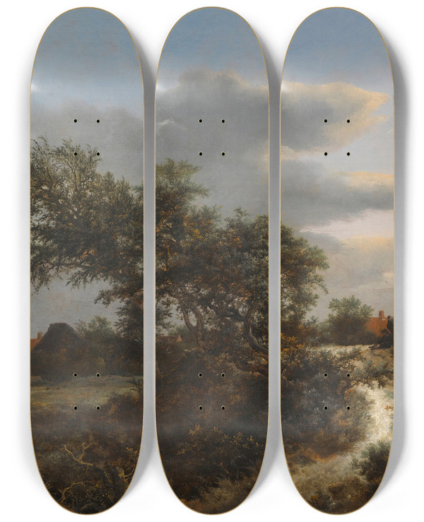 Triptych art skateboard deck of Jacob Van Ruisdael A Dune Landscape With A Farmer On A Sandy Road And A Distant View Of Haarlem by Jacob Van Ruisdael (1628-1682)