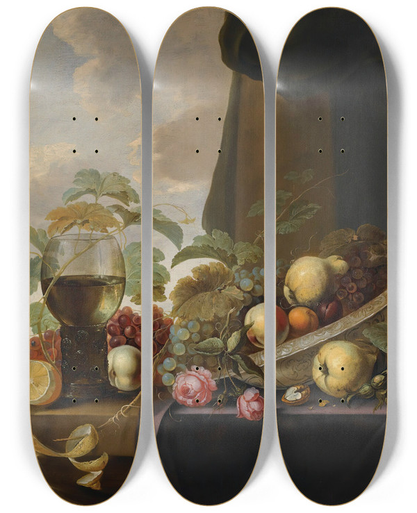Triptych art skateboard deck of Michiel Simons A Still Life With Grapes Pears A Peach And Roses In A Waanli Kraak Porcelain Bowl With A Roemer And A Halfpeeled Lemon On A Partly Covered Table Top by Michiel Simons (1620-1673)