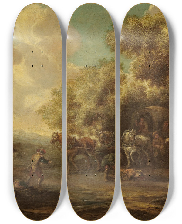 Triptych art skateboard deck of Eise Aetes Ruytenbach Assault On Travellers by Eise Aetes Ruytenbach (1656-1692)