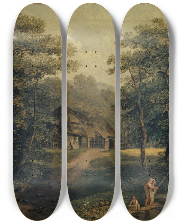 Triptych art skateboard deck of Conrad Gessner Farm By The Water by Conrad Gessner (1764-1826)