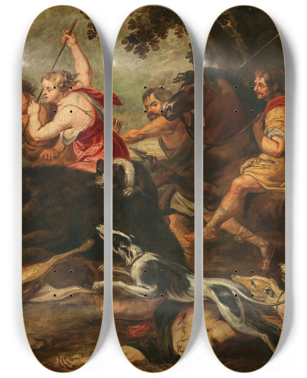 Triptych art skateboard deck of Follower Of Peter Paul Rubens Meleager And Atalante Hunting The Calydonian Boar by Follower Of Peter Paul Rubens (1577-1640)