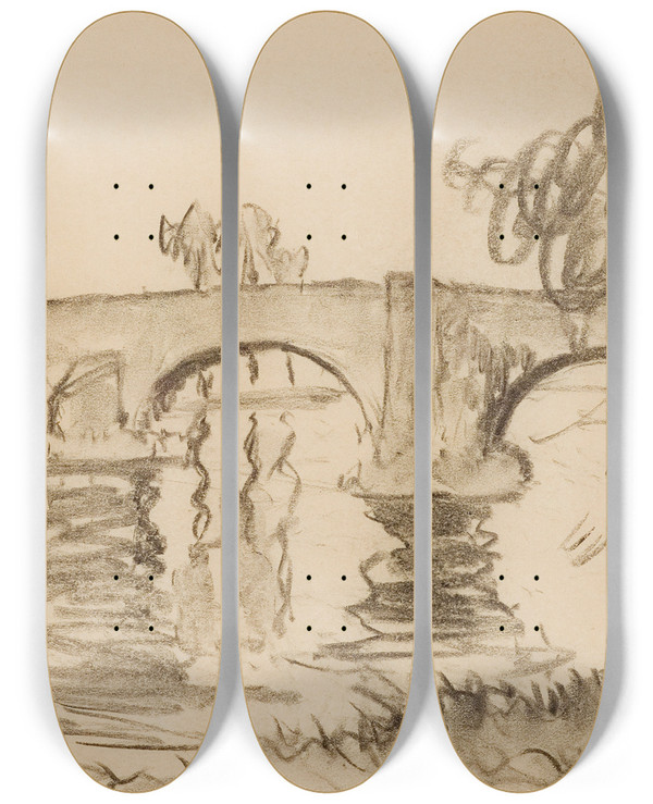 Triptych art skateboard deck of William Samuel Horton Pink Bridge Sonning by William Samuel Horton (1865-1936)