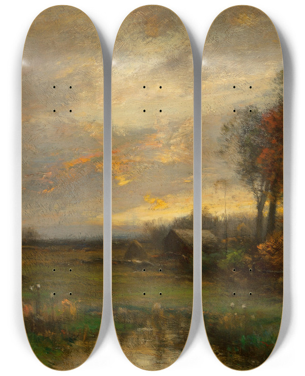 Triptych art skateboard deck of John Francis Murphy Fading Sunset by John Francis Murphy (1853-1921)