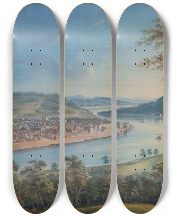 Triptych art skateboard deck of John Caspar Wild View Of Cincinnati From Covington by John Caspar Wild (1804-1846)