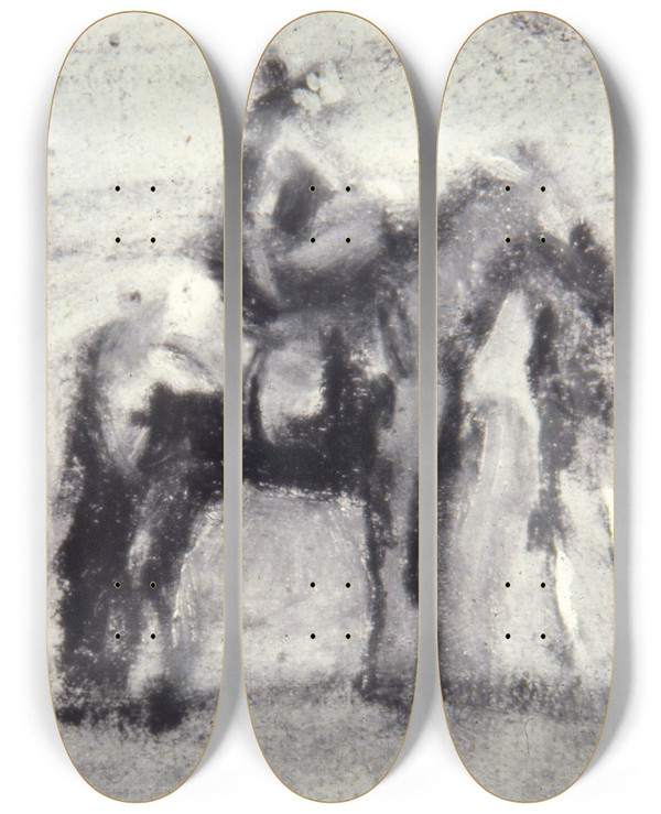 Triptych art skateboard deck of Thomas Eakins Study For Cowboys In The Badlands_2 by Thomas Eakins (1844-1916)