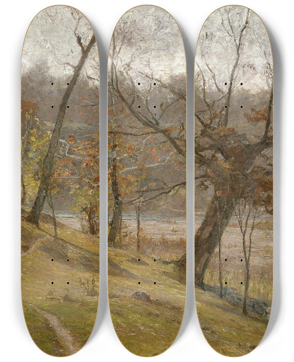 Triptych art skateboard deck of Theodore Clement Steele The Bloom Of The Grape by Theodore Clement Steele (1847-1926)