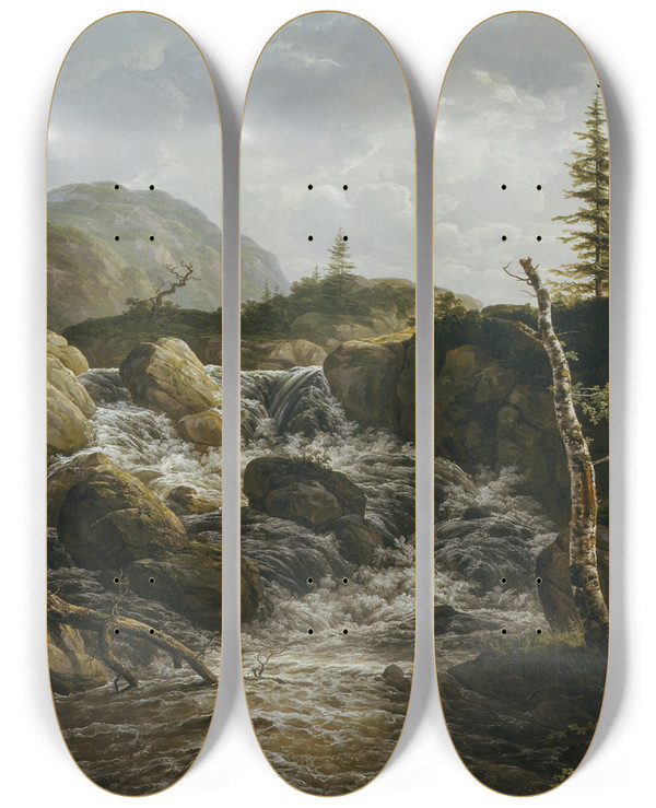 Triptych art skateboard deck of Johan Christian Dahl Mountainous Landscape With A Waterfall Norway by Johan Christian Dahl (1788-1857)