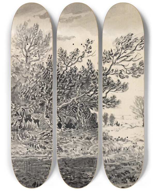 Triptych art skateboard deck of Thodore Rousseau Landscape With A Pond by Theodore Rousseau (1812-1867)