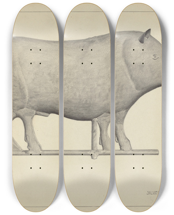 Triptych art skateboard deck of Salvatore Borrazzo Pig Weather Vane by Salvatore Borrazzo