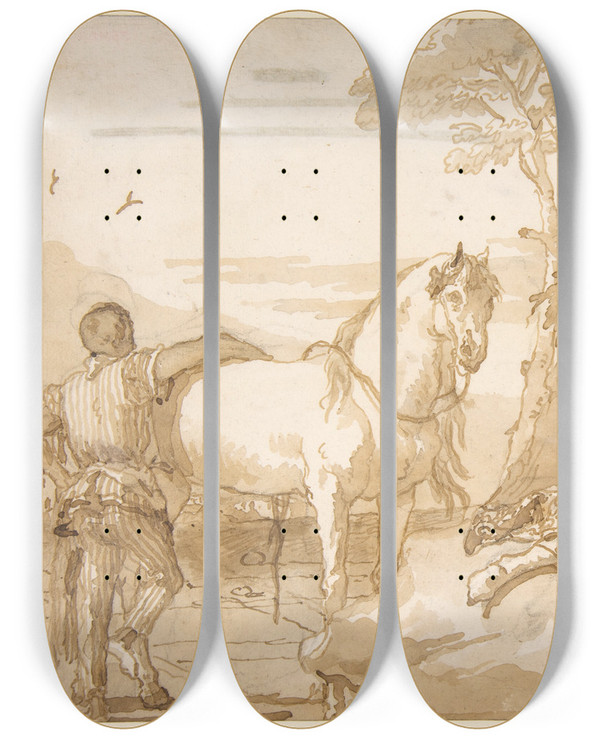 Triptych art skateboard deck of Giovanni Domenico Tiepolo An Oriental Chieftain Resting by Giovanni Domenico Tiepolo (1727-1804)