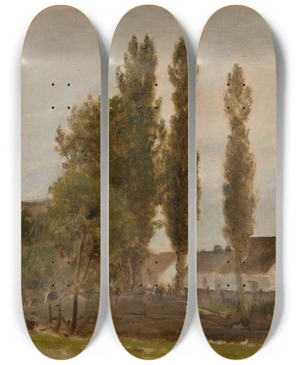 Triptych art skateboard deck of Zygmunt Sidorowicz Landscape With Trees And Houses by Zygmunt Sidorowicz (1846-1881)